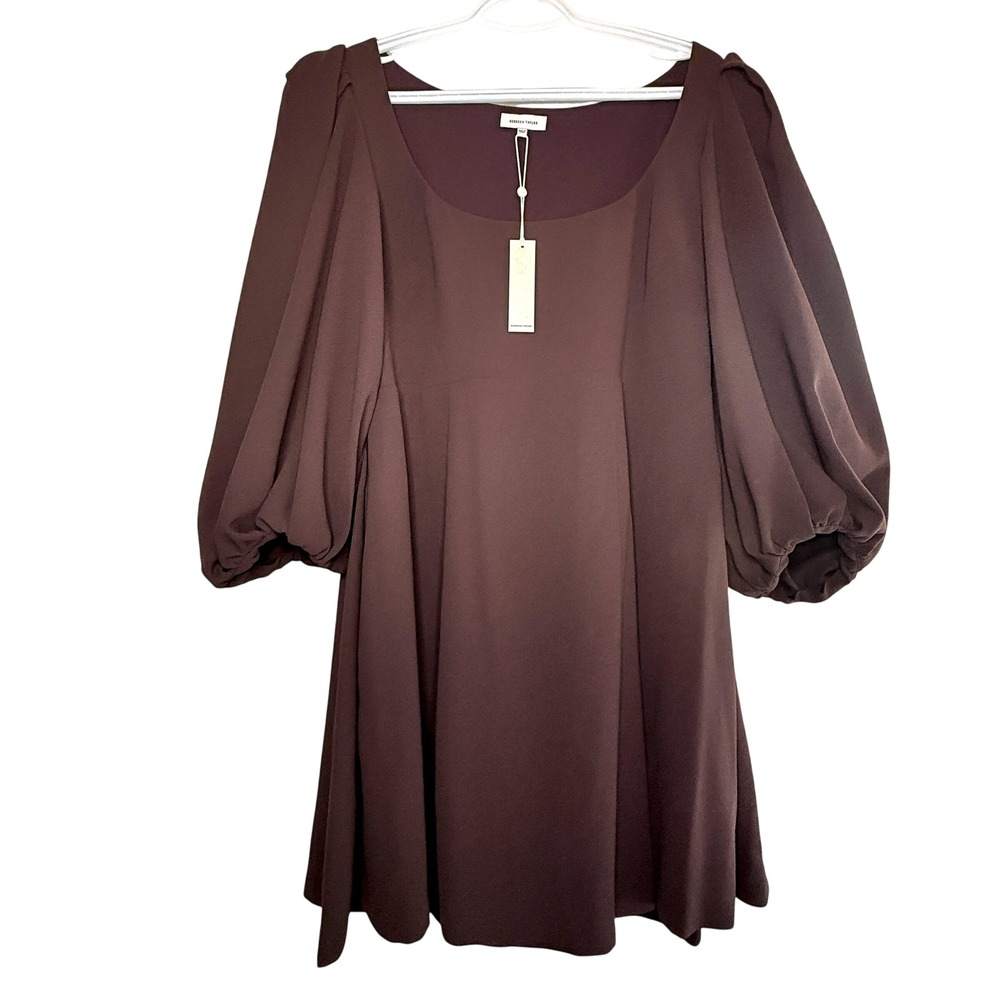 Rebecca Taylor Port Brown Crepe Puff Sleeve Mini Dress Pockets Size 14 NWT $295